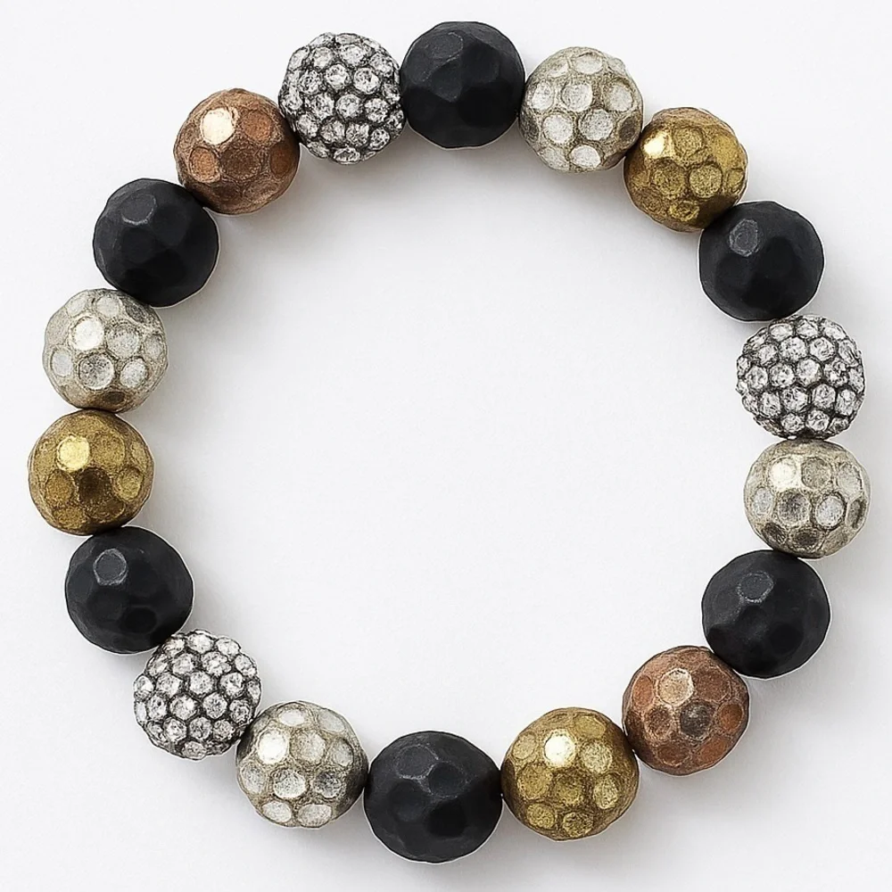 Mixed Metal Textured Stretch Bracelet With Rhinestone Beads